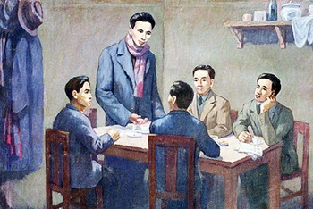 Hội nghị thành lập Đảng Cộng sản Việt Nam ngày 3/2/1930. Ảnh chụp lại tranh của họa sĩ Nguyễn Phi Hoanh (Ảnh: Bảo tàng Lịch sử Quốc gia)