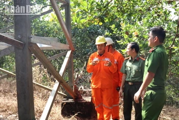 Nhân viên Công ty Điện lực Đồng Nai phối hợp với lực lượng Công an tỉnh Đồng Nai kiểm tra đường dây 110kV.