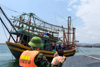 Bộ đội Biên phòng Quảng Bình kiểm tra tàu cá trước khi ra khơi trên cửa sông Gianh.