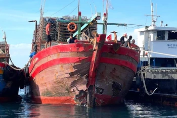 Tàu cá của ngư dân Quảng Bình bị tàu hàng đâm vào làm hư hỏng mũi tàu.