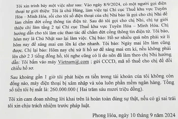 Đơn trình báo của người đàn ông ở Quảng Bình bị đối tượng giả danh cán bộ thuế lừa đảo.