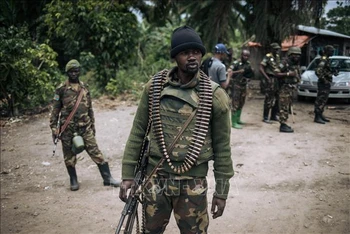 Binh sĩ CHDC Congo tuần tra tại làng Manzalaho gần Beni sau vụ tấn công do nhóm vũ trang Hồi giáo "Lực lượng dân chủ đồng minh" (ADF) tiến hành. (Ảnh tư liệu: AFP/TTXVN)