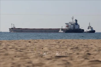 Tàu chở hàng Glory mang theo 66 nghìn tấn ngũ cốc xuất khẩu rời cảng Chornomorsk của Ukraine trên Biển Đen, ngày 7/8/2022. (Ảnh: AFP/TTXVN)