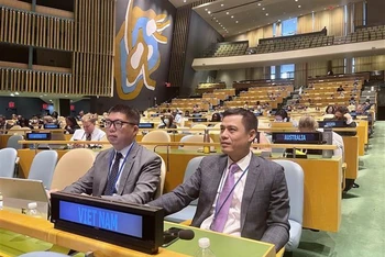 Đại sứ Đặng Hoàng Giang, Trưởng Phái đoàn thường trực Việt Nam tại Liên hợp quốc (phải), tại một phiên họp Đại hội đồng Liên hợp quốc. (Ảnh: TTXVN)