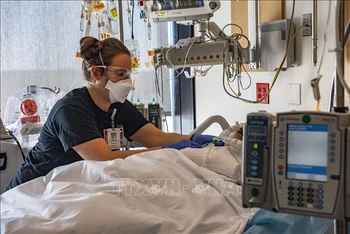 Nhân viên y tế điều trị cho bệnh nhân Covid-19 tại bệnh viện ở Worcester, Massachusetts, Mỹ. (Ảnh: AFP/TTXVN)