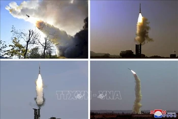 Hình ảnh do Hãng thông tấn Trung ương Triều Tiên đăng phát các ngày 2-5-7/11/2022 về các vụ phóng thử tên lửa của Quân đội nhân dân Triều Tiên tại 1 địa điểm không xác định. (Ảnh: AFP/TTXVN)