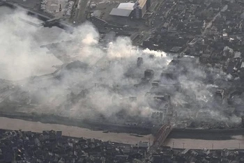 Bức ảnh chụp từ máy bay cho thấy thiệt hại của động đất gây ra cho thành phố Wajima, tỉnh Ishikawa, ngày 2/1/2024. (Ảnh: Kyodo)