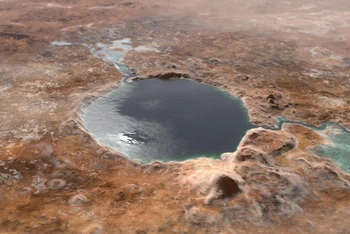 Hình minh họa về miệng núi lửa Jezero, địa điểm hạ cánh của tàu thăm dò Perseverance trên sao Hỏa. Các nhà khoa học đã tìm thấy bằng chứng cho thấy nơi đây có thể từng là một hồ nước lớn và có dấu hiệu của sự sống. (Nguồn: NASA/JPL-Caltech) 