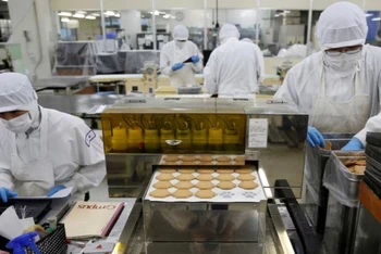 Công nhân làm việc trên dây chuyền sản xuất bánh tại nhà máy Izumiya Tokyoten ở Kawasaki, Nhật Bản, ngày 9/7/2024. (Ảnh: Reuters) 