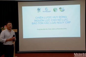Ông Nguyễn Mạnh Hà - Giám đốc Trung tâm Bảo tồn Thiên nhiên và Phát triển trình bày chiến lược huy động nguồn lực cho bảo tồn loài tại Việt Nam.