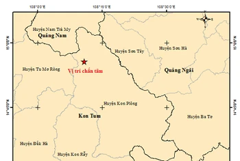 Bản đồ tâm chấn trận động đất thứ 2 tại huyện Kon Plong, Kon Tum chiều 7/2. (Ảnh: Trung tâm Báo tin động đất và cảnh báo sóng thần)