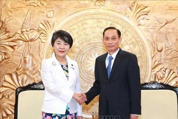 Đồng chí Lê Hoài Trung, Bí thư Trung ương Đảng, Trưởng Ban Đối ngoại Trung ương, đã tiếp Bộ trưởng Ngoại giao Nhật Bản Kamikawa Yoko đang thăm và làm việc tại Việt Nam. (Ảnh: TTXVN)