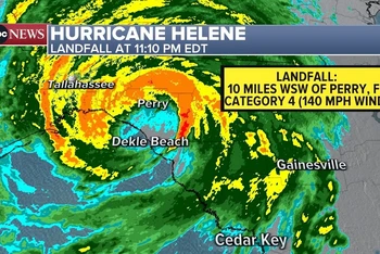 Trưa 27/9 giờ Việt Nam, siêu bão cấp 4 Helene đã chính thức đổ bộ vào bang Florida (Mỹ) với sức gió lên tới hơn 209km/giờ. Đây là một trong những cơn bão lớn nhất từng tấn công nước Mỹ trong năm nay. (Ảnh: ABC News)