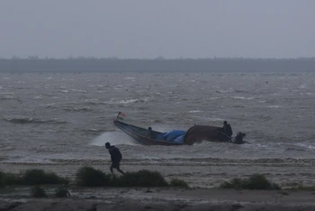 Một ngư dân ở Bhadrak (bang Odisha, Ấn Độ) cố gắng đưa thuyền vào nơi neo đậu khi bão Dana đang tới gần. (Ảnh: Reuters)