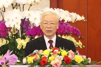 Tổng Bí thư Nguyễn Phú Trọng, Bí thư Quân ủy Trung ương phát biểu tại buổi gặp mặt các đại biểu Đại hội Đoàn Thanh niên Cộng sản Hồ Chí Minh Quân đội lần thứ X. (Ảnh: TTXVN)