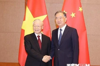 Tổng Bí thư Nguyễn Phú Trọng hội kiến Chủ tịch Chính hiệp Trung Quốc Uông Dương. (Ảnh: Trí Dũng/TTXVN)