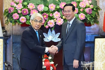 Chủ tịch nước Võ Văn Thưởng và Chủ tịch Thượng viện Nhật Bản Otsuji Hidehisa tại buổi tiếp. (Ảnh: Thủy Nguyên)
