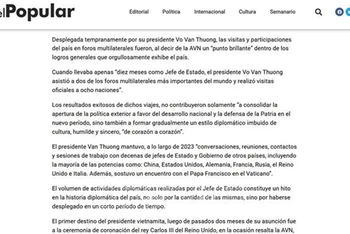 Báo điện tử El Pueblo (Nhân Dân), cơ quan ngôn luận Đảng Cộng sản Uruguay đăng bài trả lời phỏng vấn TTXVN của Tổng Bí thư Nguyễn Phú Trọng. Ảnh: TTXVN