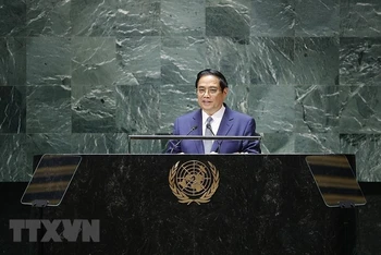 Thủ tướng Phạm Minh Chính phát biểu tại Phiên thảo luận chung cấp cao Khóa 78 Đại hội đồng Liên hợp quốc. (Ảnh: TTXVN)