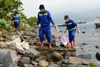 Công nhân vệ sinh môi trường thu gom rác thải nhựa tại khu vực vịnh Mân Quang, quận Sơn Trà, thành phố Đà Nẵng.
