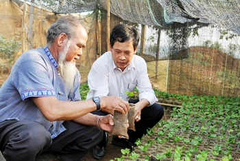 Nhiều năm nay, ông K’Lăm (bên trái), người có uy tín tại xã Đắk P’Lao, huyện Đắk Glong, tỉnh Đắk Nông, luôn giúp đỡ người dân phát triển kinh tế, xây dựng đời sống văn hóa, giữ gìn sự bình yên cho buôn, làng. (Ảnh NGUYỄN ĐĂNG)