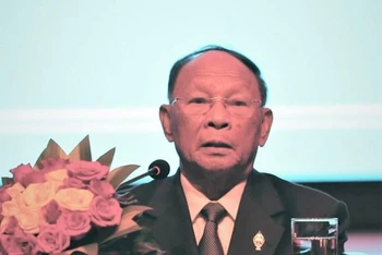 Chủ tịch Quốc hội Vương quốc Campuchia Samdech Heng Samrin phát biểu tại lễ kỷ niệm 77 năm Quốc khánh Việt Nam (2/9/1945-2/9/2022) diễn ra tại khách sạn Sofitel ở thủ đô Phnom Penh. (Ảnh: TTXVN)