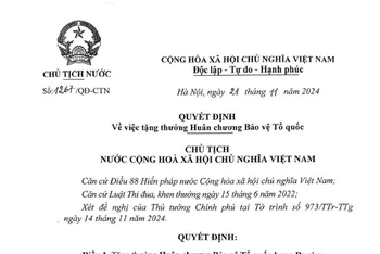 Quyết định của Chủ tịch nước về việc tặng thưởng Huân chương Bảo vệ Tổ quốc hạng Ba tặng hai phi công.