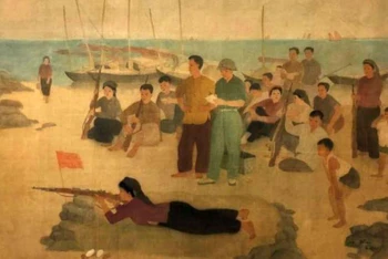 Tác phẩm "Bắn tập" của họa sĩ Nguyễn Thụ. (Ảnh: Bảo tàng Mỹ thuật Việt Nam)