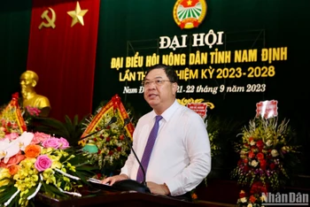 Đồng chí Phạm Gia Túc, Ủy viên Trung ương Đảng, Bí thư Tỉnh ủy Nam Định phát biểu chỉ đạo tại Đại hội đại biểu Hội Nông dân tỉnh Nam Định khóa XI, nhiệm kỳ 2023-2028.