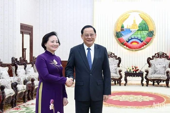 Bộ trưởng Nội vụ Phạm Thị Thanh Trà (bên trái) tại buổi tiếp kiến Thủ tướng Lào Sonexay Siphandone. Ảnh: Trịnh Dũng