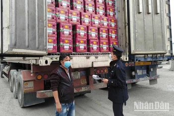 Công chức Hải quan cửa khẩu Tân Thanh kiểm tra hàng hoá trước khi xuất khẩu.