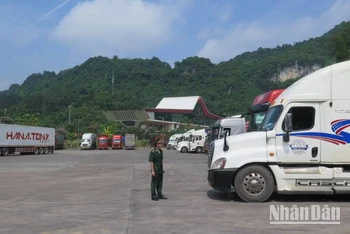 Xe chở hàng hóa xuất, nhập khẩu, chờ làm thủ tục xuất khẩu qua cửa khẩu quốc tế Hữu Nghị, Cao Lộc, (Lạng Sơn).