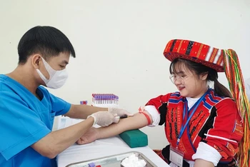 Em Dương Quỳnh Như Ngọc (dân tộc Pà Thẻn) lấy máu xét nghiệm sàng lọc.