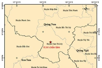Bản đồ chấn tâm động đất tại huyện Nam Trà My (Quảng Nam).