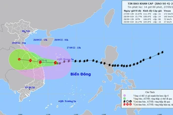 Vị trí và hướng di chuyển của bão số 4. (Nguồn: nchmg.gov.vn)