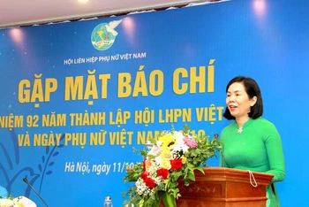 Phó Chủ tịch Hội Liên hiệp Phụ nữ Việt Nam Nguyễn Thị Minh Hương phát biểu chào mừng tại buổi gặp mặt.