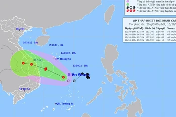 Vị trí và hướng di chuyển của áp thấp nhiệt đới. (Nguồn: nchmf.gov.vn)