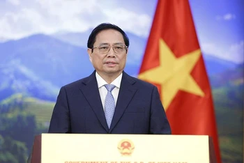 Thủ tướng Phạm Minh Chính phát biểu ghi hình tại Hội nghị cấp cao Sinh học thế giới năm 2022. (Ảnh: TRẦN HẢI)