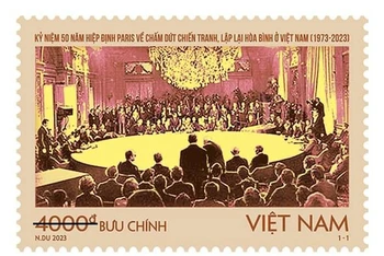 Mẫu tem “Kỷ niệm 50 năm Hiệp định Paris về chấm dứt chiến tranh, lập lại hòa bình ở Việt Nam (1973-2023)”.