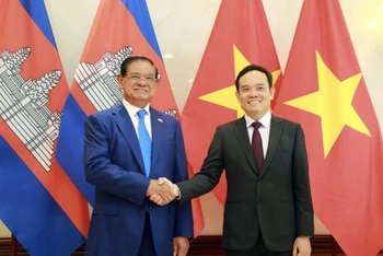 Phó Thủ tướng Chính phủ Trần Lưu Quang (phải) và Phó Thủ tướng, Bộ trưởng Nội vụ Vương quốc Campuchia Samdech Krolahom Sar Kheng đồng chủ trì Hội nghị.