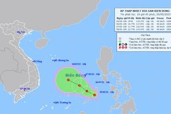 Vị trí và hướng di chuyển của áp thấp nhiệt đới gần Biển Đông. (Nguồn: nchmf.gov.vn)