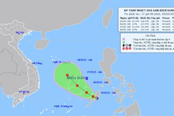 Vị trí và hướng di chuyển của áp thấp nhiệt đới trên Biển Đông. (Nguồn: nchmf.gov.vn)