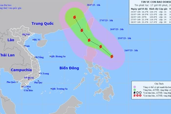 Vị trí và hướng di chuyển của bão Doksuri. (Nguồn: nchmf.gov.vn)