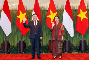 Chủ tịch Quốc hội Vương Đình Huệ và Chủ tịch Hạ viện Indonesia Puan Maharani chụp ảnh chung.