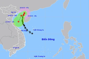 Vị trí và hướng di chuyển của bão số 5 lúc 19 giờ. (Nguồn: nchmf.gov.vn)