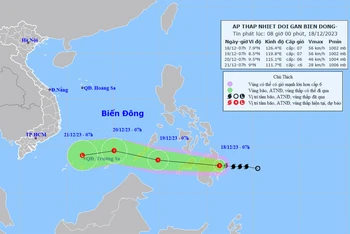 Vị trí và hướng di chuyển của áp thấp nhiệt đới (suy yếu từ bão Jelawat). (Nguồn: nchmf.gov.vn)