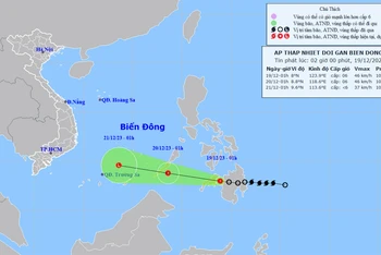 Vị trí và hướng di chuyển của áp thấp nhiệt đới (suy yếu từ bão Jelawat). (Nguồn: nchmf.gov.vn)