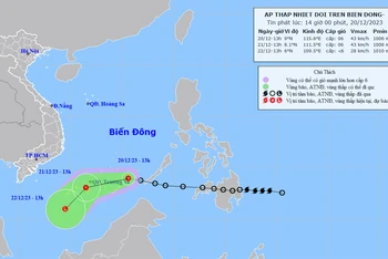 Vị trí và hướng di chuyển của áp thấp nhiệt đới lúc 14 giờ ngày 20/12. (Nguồn: nchmf.gov.vn)