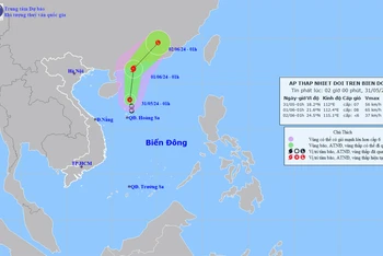 Vị trí và hướng di chuyển của áp thấp nhiệt đới. (Nguồn: nchmf.gov.vn)