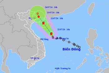 Vị trí và hướng di chuyển của bão số 2 lúc 16 giờ ngày 21/7. (Nguồn: nchmf.gov.vn)
